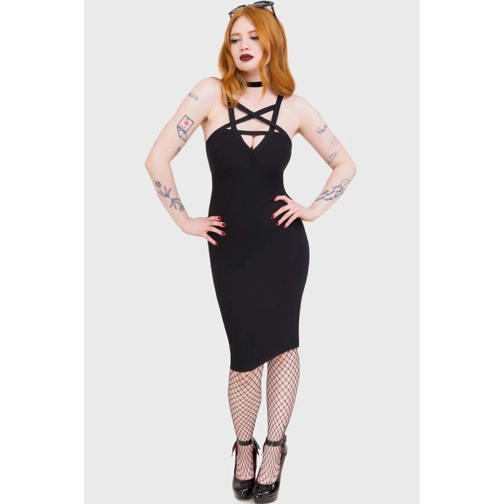 Killstar Dress L Betty Rage Pin Up Midi Strappy Stretchy Bodycon Black Goth NWT - Picture 4 of 6